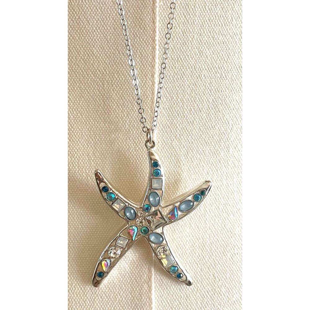 Long Silver Tone Necklace with a Starfish Pendant